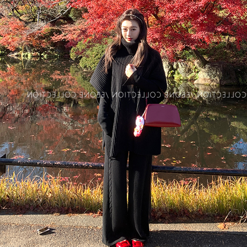 New Autumn and Winter High-Neck Cape Knit Sweater and Wide-Leg Pants Two-Piece Set, Casual and Elegant, Lazy Twist Knit Sweater Set, Thick