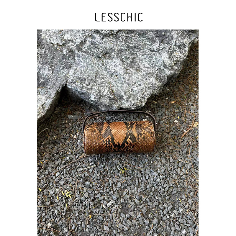 Lesschic【90S Snakeskin Cylinder】Original Imported Python Skin Hand-Held Round Mini Bag