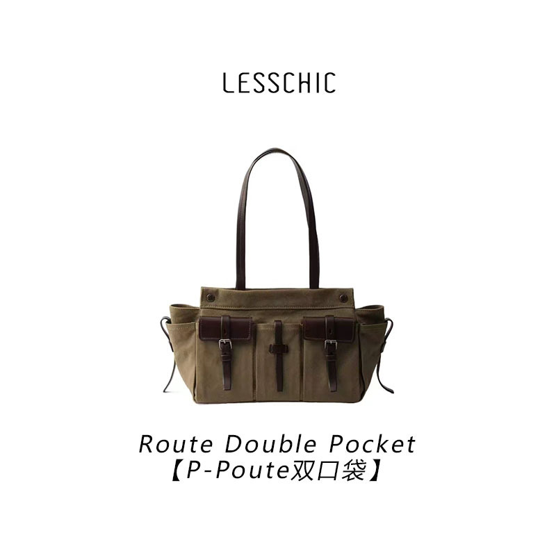 Lesschic【P-Poute Double Pocket】Imported Canvas with Patent Leather Casual Tote Shoulder Bag