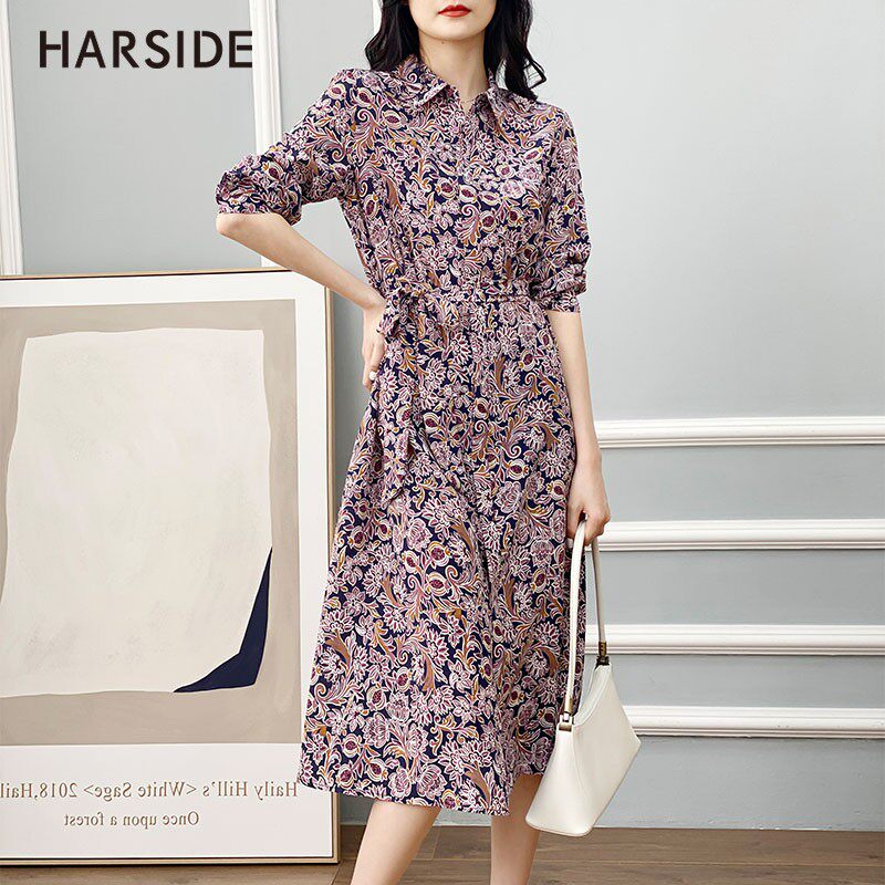 HARSIDE22 Mumi crepe de chine silk mulberry silk dress 2021 new summer women's retro printed shirt skirt
