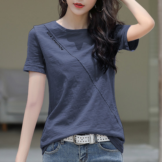 2024 new summer short-sleeved T-shirt women's pure cotton loose large size embroidered splicing half-sleeved purple T-shirt