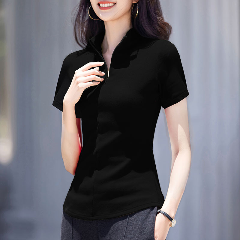 Black Half-Zip Short-Sleeve T-Shirt for Women, 2026 Summer New Style, Turn-Down Collar, Slim Fit, Stylish and Versatile Half-Sleeve Top
