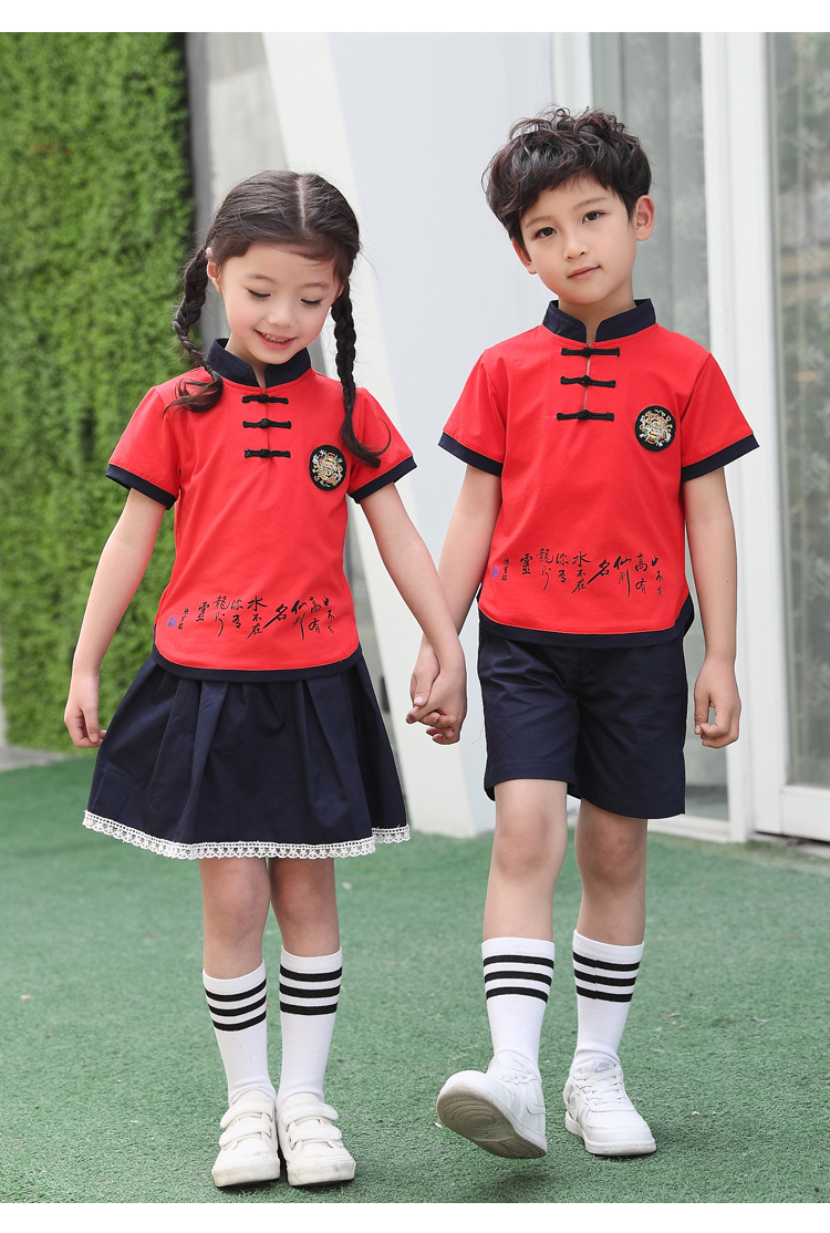 Mùa hè kiểu Trung Quốc nguyên chất cotton mẫu giáo lớn và trung bình phục vụ trường tiểu học đồng phục gió quốc gia Hanfu Liuyi hoạt động quần áo - Đồng phục trường học / tùy chỉnh thực hiện shop trẻ em