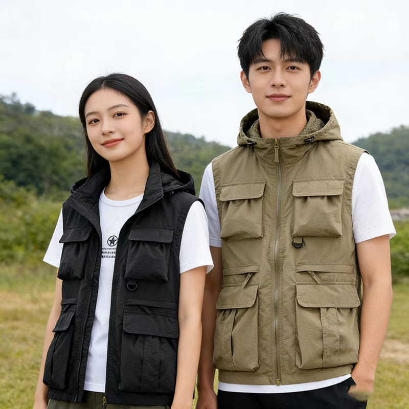 Jpdun/Workwear Style Multi-Pocket Hooded Vest for Men and Women, Outdoor Vest for Couples, Quick-Dry Photography and Fishing Vest