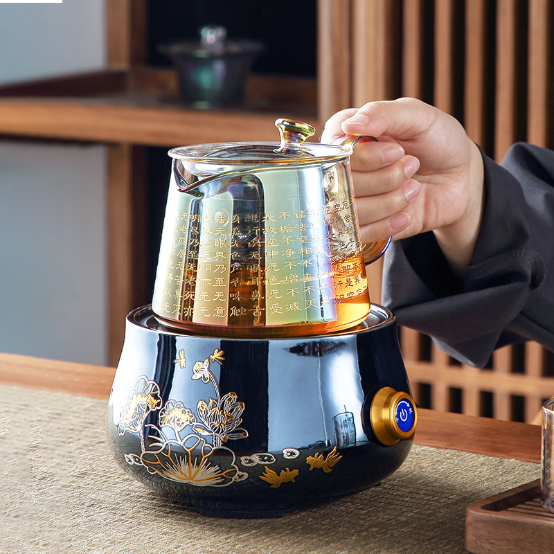 Heart warp glass cooking teapot set of household transparent large capacity burn teapot electric hot black crystal stove cooking tea stove tea stove