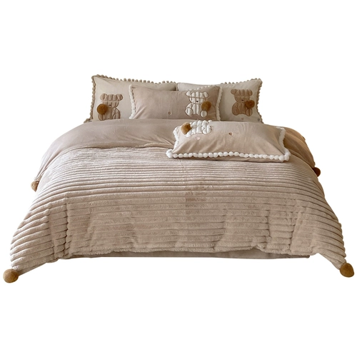 Коралловый зимний двусторонний удерживающий тепло комплект, простыня на флисовой подкладке, пододеяльник, с медвежатами, 4 предмета