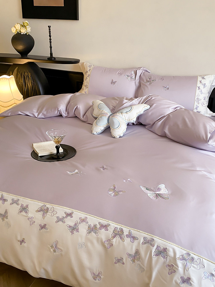 Вышивка Хунань 少女心夏季60支兰精天丝四件套蝴蝶刺绣被套床单丝滑凉感床上用品 No brand