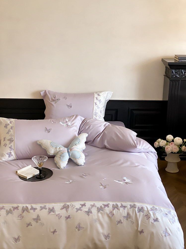 Вышивка Хунань 少女心夏季60支兰精天丝四件套蝴蝶刺绣被套床单丝滑凉感床上用品 No brand