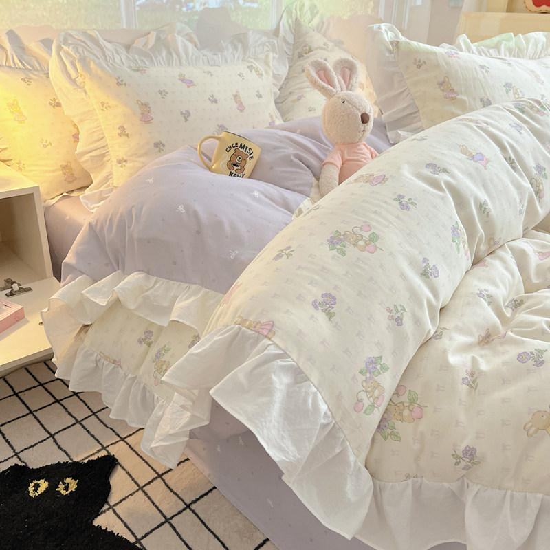 Pure Cotton Four-Piece Bedding Set, Princess Style, All-Cotton, Girly Lace Duvet Cover, Bedding, Single Student Dormitory Three-Piece Set