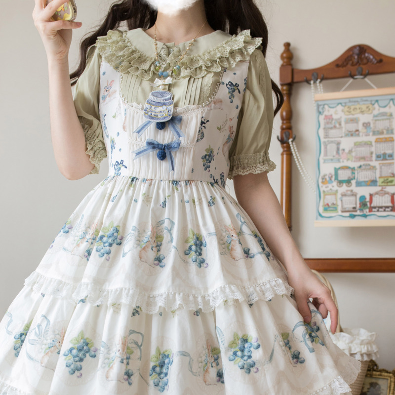 Hyde Garden Short-Sleeved Lolita Shirt with Puff Sleeves, Square Collar, Vintage Lace, Cute Soft Girl Lolita Shirt