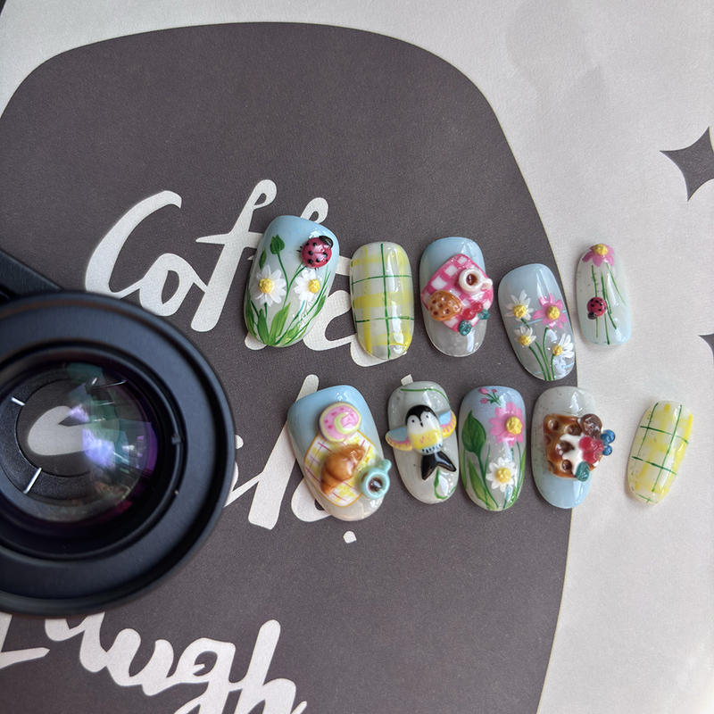 Handmade French-Style Lazy Patterned Macaron Color Spring Picnic Wear Nail Patches Embossed Nail Stickers