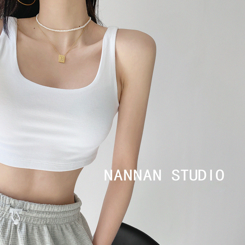 European and American Style Solid Color Square Neck Camisole for Women, Short Crop Top, High-Waisted Slimming Inner Layering Shirt