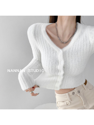 taobao agent Soft knitted autumn cardigan, short sweater, V-neckline, long sleeve