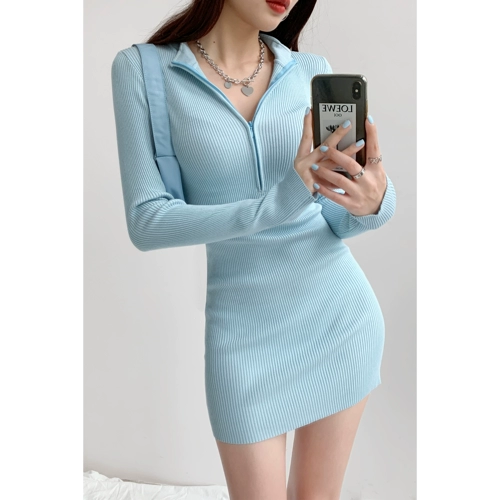 Сексуальная осенняя юбка с молнией, лонгслив, высокий воротник, с акцентом на бедрах, в обтяжку