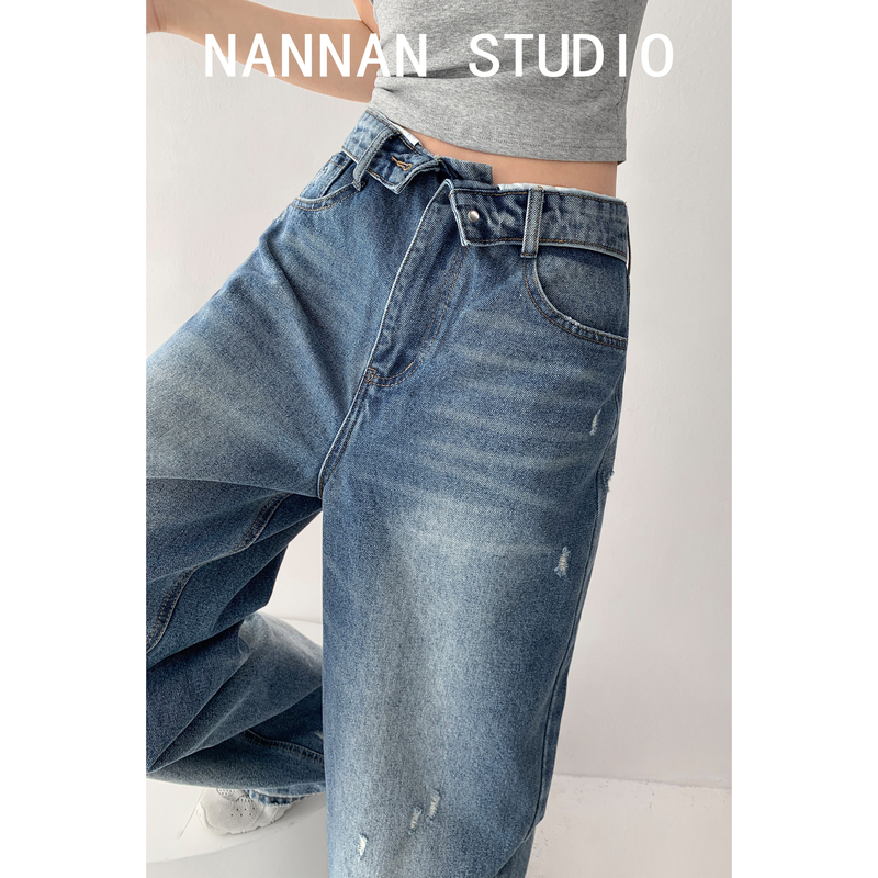 American Retro Distressed Washed Scimitar Jeans, Loose and Lazy with a High-End Feel, Covering the Flesh, Wide-Leg Floor-Length Pants American Retro Distressed Washed Scimitar Jeans, Loose and Lazy with a High-End Feel, Covering the Flesh, Wide-Leg Floor-Length Pants