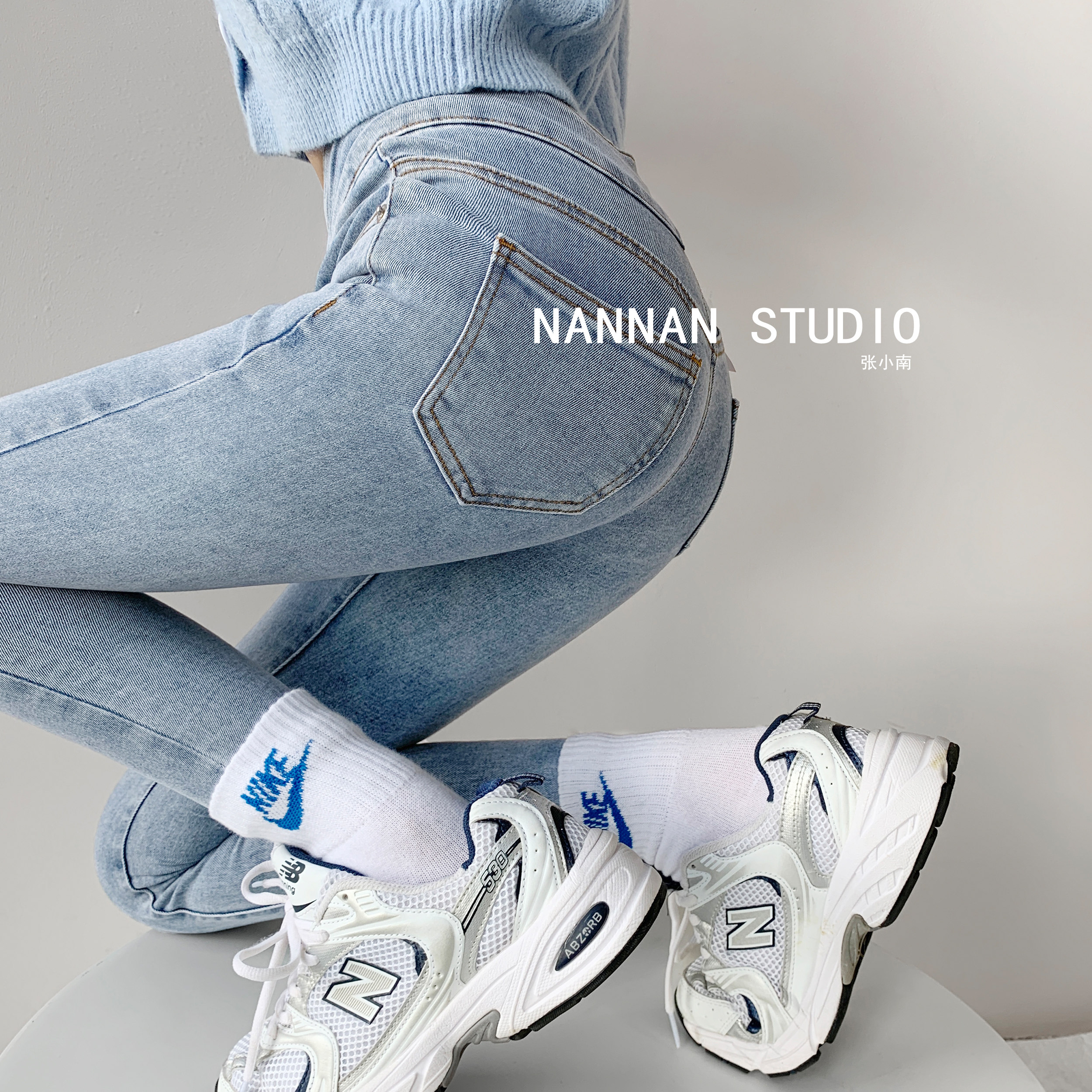 European and American style super high waist single-breasted jeans women's spring and autumn tight slim small leg pants slim stretch pencil pants tide