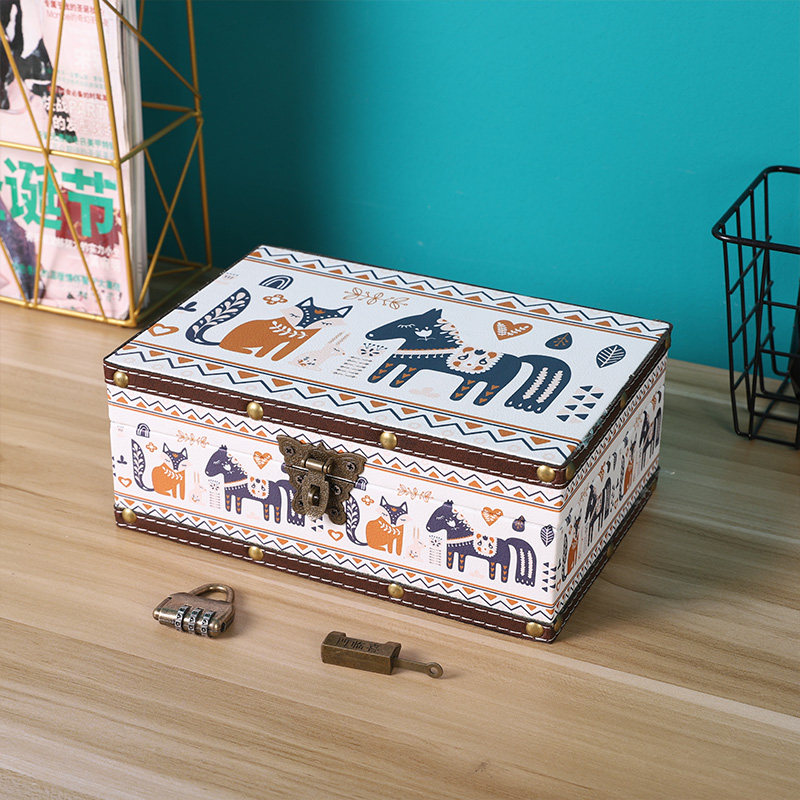 Student ins retro small wooden box desktop makeup jewelry storage mobile phone with lock storage box password box wooden box