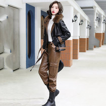 Short Leather Clothing Suit Womens Winter 2021 Han Edition New Casual Stylish Splicing Leather Clothing with real fur collar Two sets