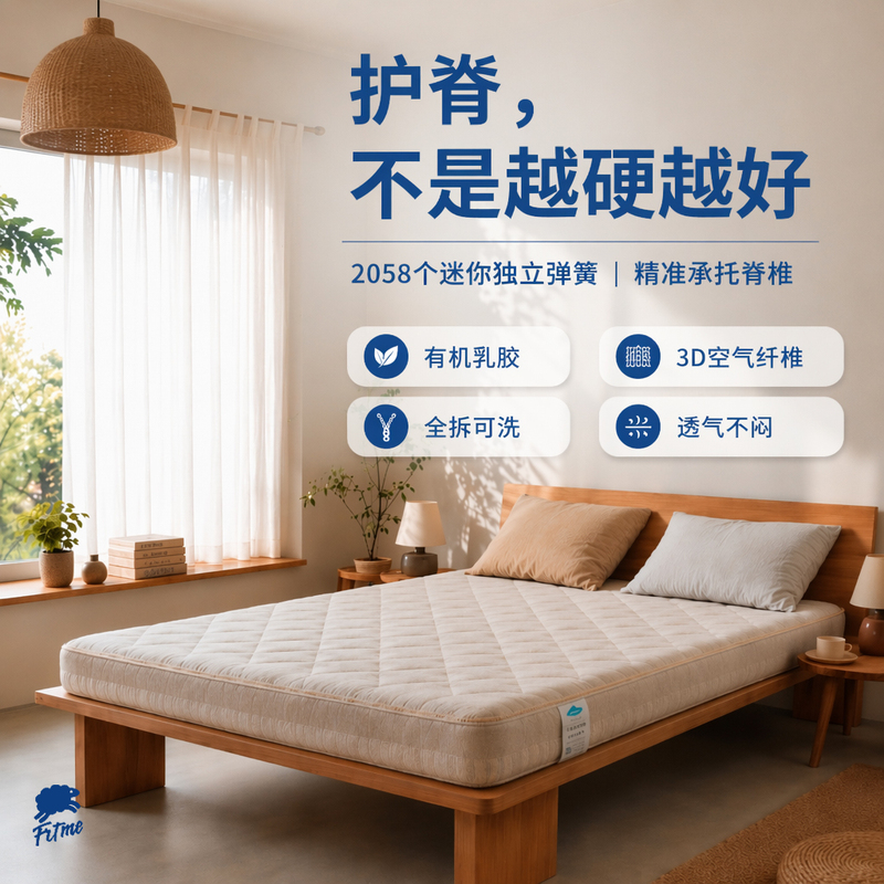 Fitme Chunya Children's Spine Protection Mattress Mini Cool Fabric Spring Pure Natural Organic Latex 3D Fully Removable and Washable Cotton and Linen