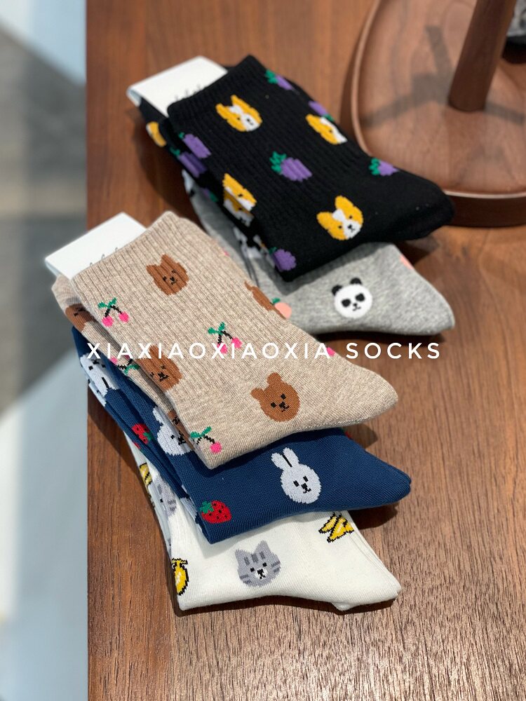 (full five pairs) Korean imported cartoon animals Sox students Sox thread bunches waist middle cylinder combed cotton socks-Taobao