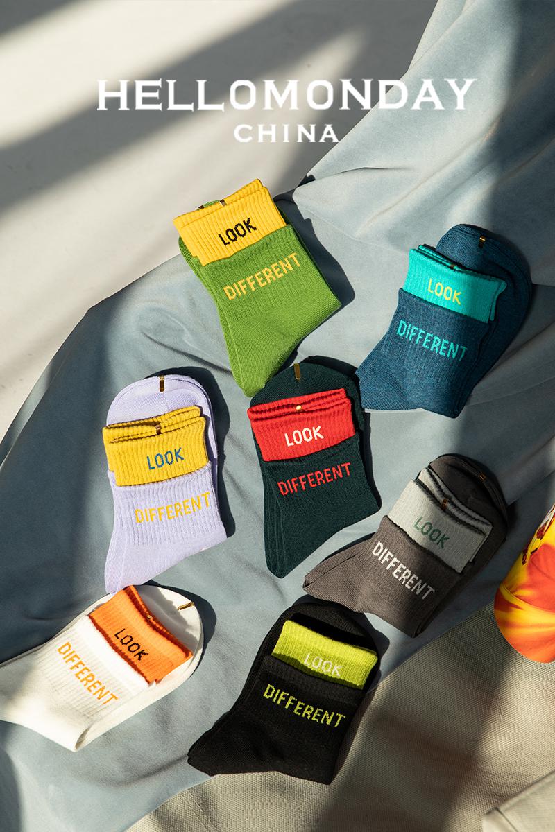 (full of five double) colored midcylinder cotton socks male and female neutral socks with a two-piece collage of collage