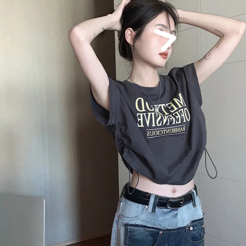 American Retro Short-Sleeved T-Shirt for Women, Summer Waist-Cinching Short Top with Exposed Navel, Drawstring Hem, Slimming Sweet and Spicy Girl Top