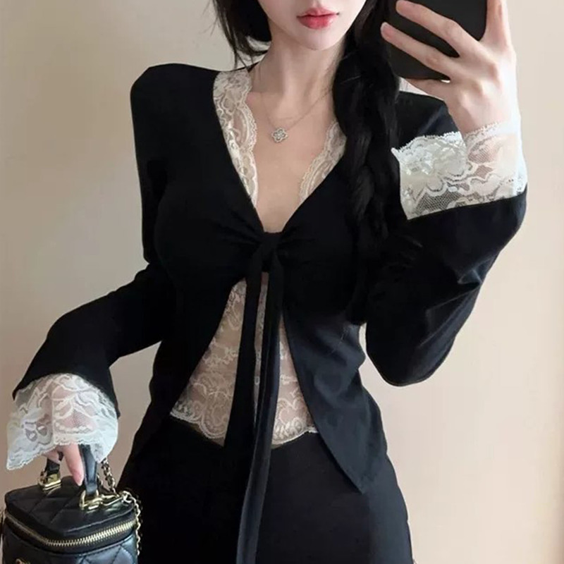 Purely Sexy V-Neck Stylish Fake Two-Piece Bow Long-Sleeve T-Shirt for Women, Autumn Lace Base Layer Top