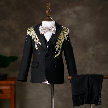 Boys' Suit Set, High-End Stage Performance, Elaborate Children's Formal Wear, Older Children's Host Runway Show Piano Performance Outfit, Black