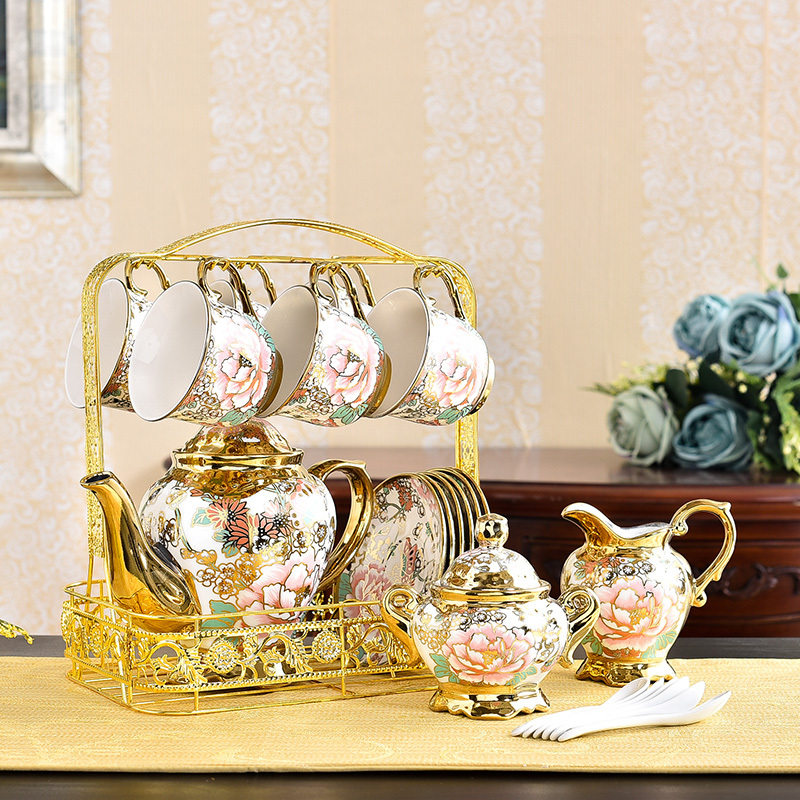 Palace-Style Coffee Cup Set, 6-Piece Afternoon Tea Set, European-Style Small Luxury Household Ceramic Bone China Water Cup