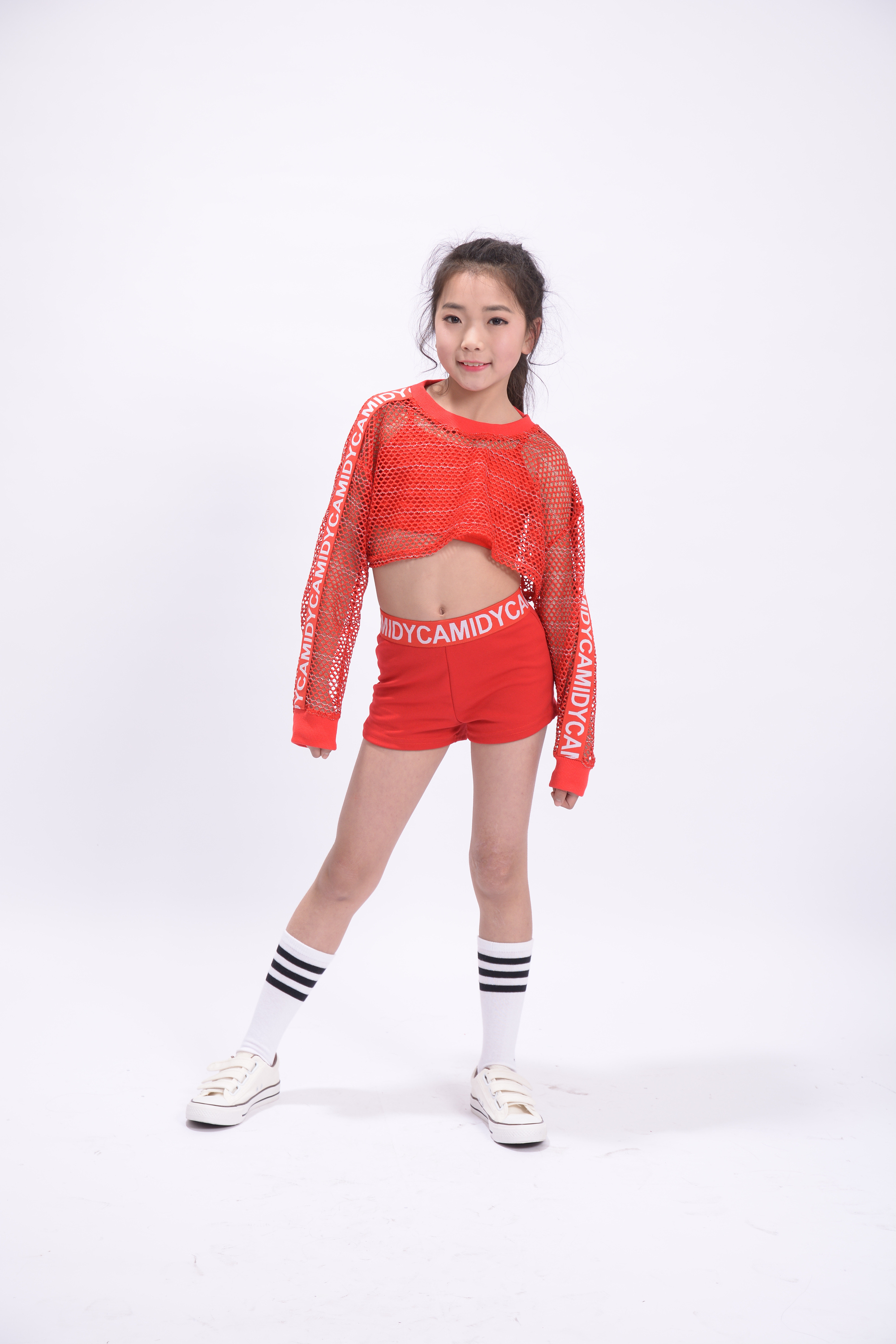 新款韩版少儿爵士舞女童演出服红色网套装嘻哈街舞现代舞舞台服装