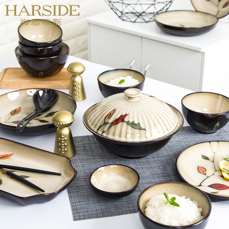 HARSIDE ceramic dish tableware set Korean style home creative bowls and chopsticks tableware combination colorful leaves
