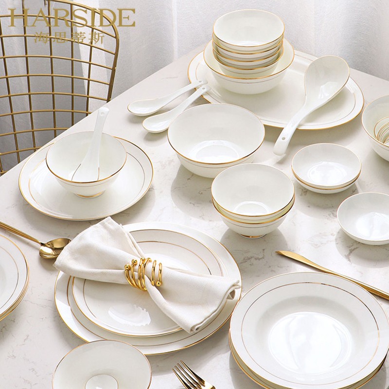 HARSIDE light luxury gold edge porcelain dishes tableware set home Jingdezhen bowl chopsticks plate combination gift