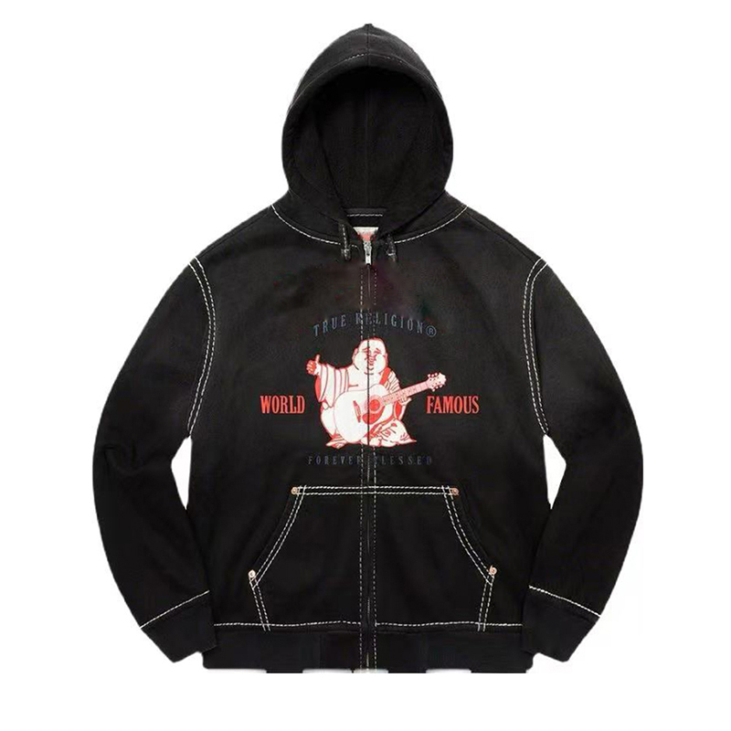 Real Trendy Brand Religious Hoodie Maitreya Buddha Washed Sports Sweatshirt Embroidered Big Buddha Oversized Zip-Up Jacket