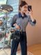 Autumn clothing is matched with a complete set of 2025 new design stitching fake two-piece polo collar sweater and jeans two-piece set
