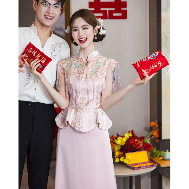 Pink Toast Dress, Bridal Qipao, New Chinese-Style Engagement Dress, Wedding Morning Gown Set, High-End and Niche Pink Toast Dress, Bridal Qipao, New Chinese-Style Engagement Dress, Wedding Morning Gown Set, High-End and Niche