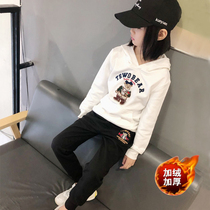 Bear children's clothing girls plus velvet sweater children's sports suit baby girl pants two-piece Korean style jacket