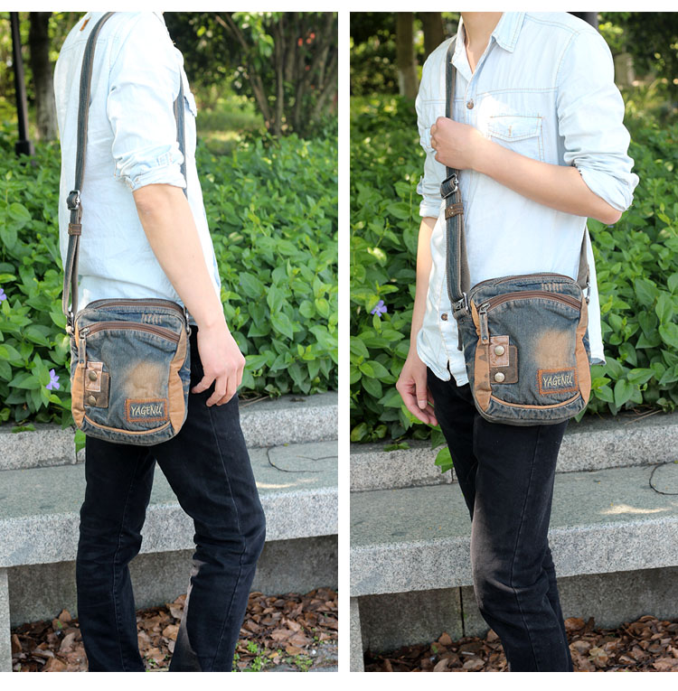 Túi xách nam nhỏ bằng vải denim phiên bản Hàn Quốc của retro vai Messenger Túi xách tay thủy triều túi điện thoại túi vải du lịch - Túi của con người túi xách đeo chéo