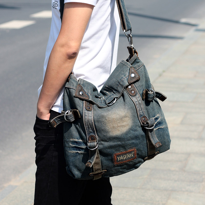 New denim bag men's casual cross-body bag vintage simple canvas commuter bag retro one-shoulder backpack women's bag tide