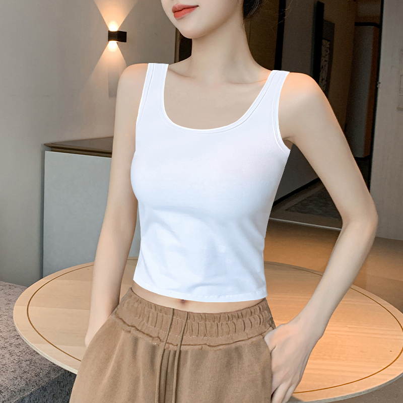 Short White Camisole for Women, Suitable for Layering or Wearing Alone in Summer, with a Beautiful Back Design, Integrated Bra, Sleeveless Top That Covers Side Breasts