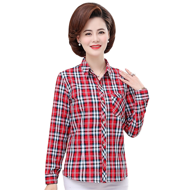 Middle-aged women's long-sleeved tops 2024 new mom casual cotton shirt 40 to 50 year old mom plaid shirt