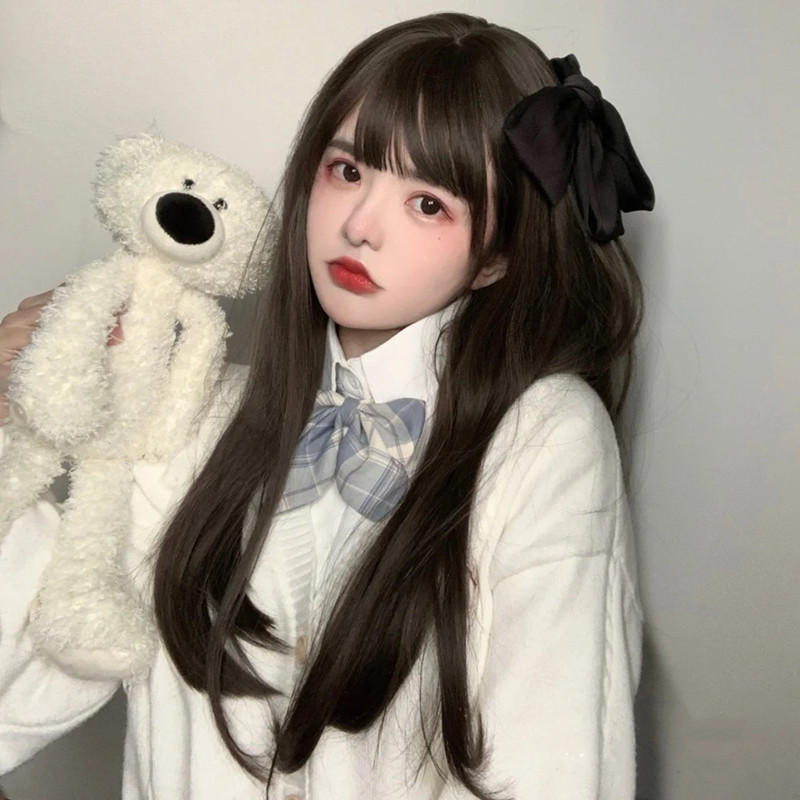 Wig woman long hair natural black long straight Korean style Wig Temperament Stylish Qiliu Sea Hairtail Inner Button wig sleeve