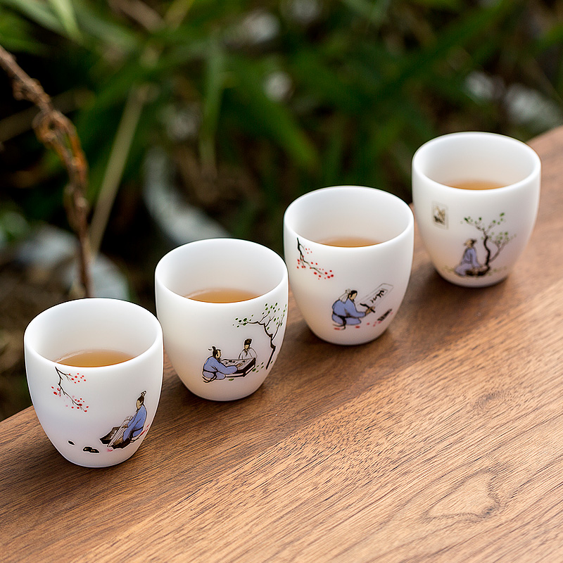 Tang shed hand - made unique American suet jade white porcelain kung fu tea sample tea cup four cups of tea set gift boxes by hand