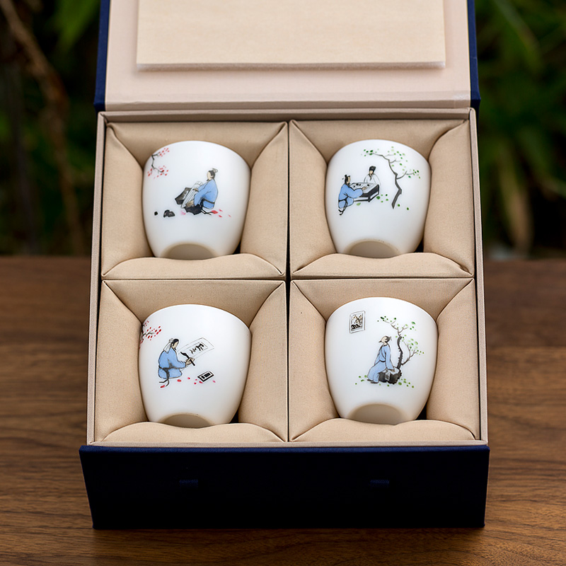 Tang shed hand - made unique American suet jade white porcelain kung fu tea sample tea cup four cups of tea set gift boxes by hand