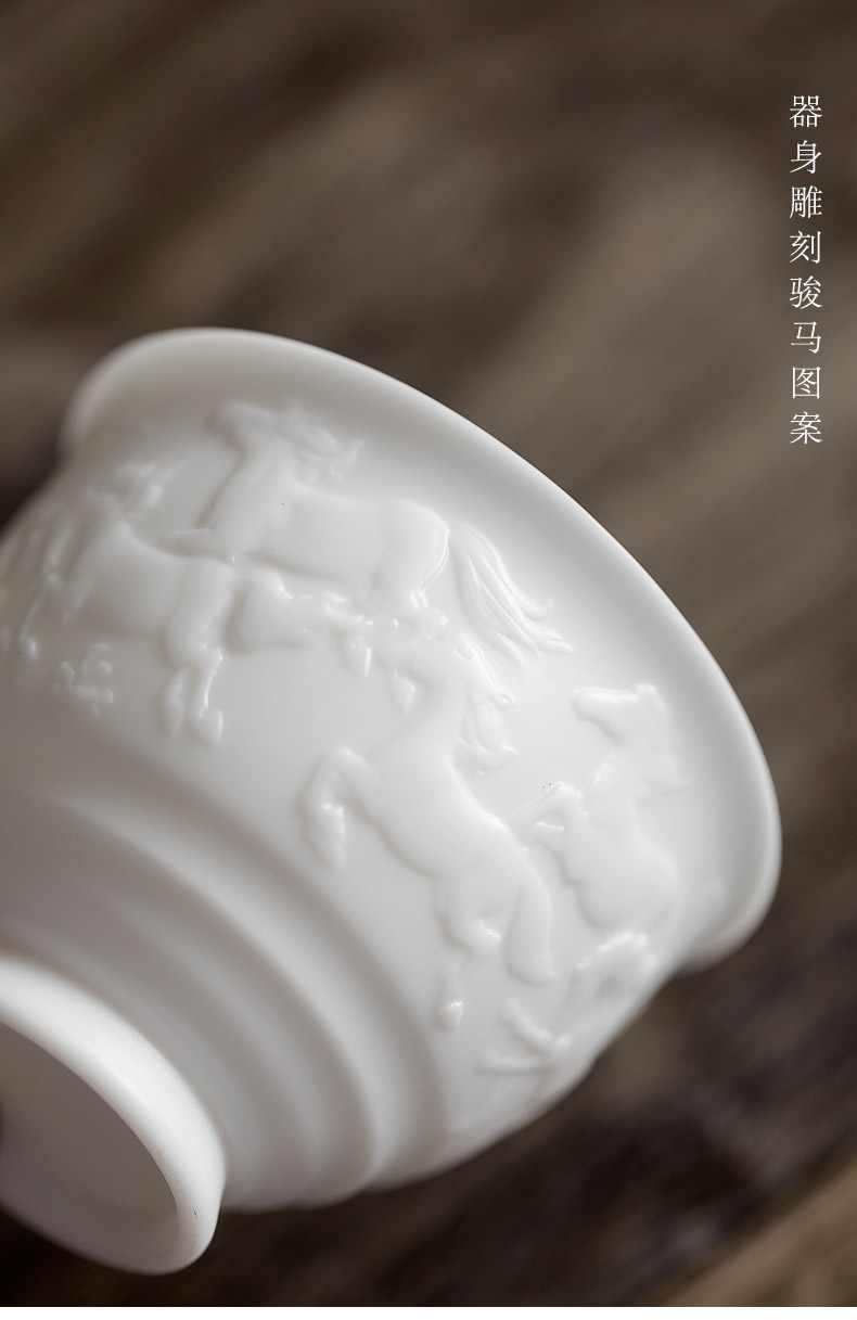 Tang s relief eight steed dehua white porcelain cup sample tea cup by hand master cup single CPU kung fu tea set personal cup