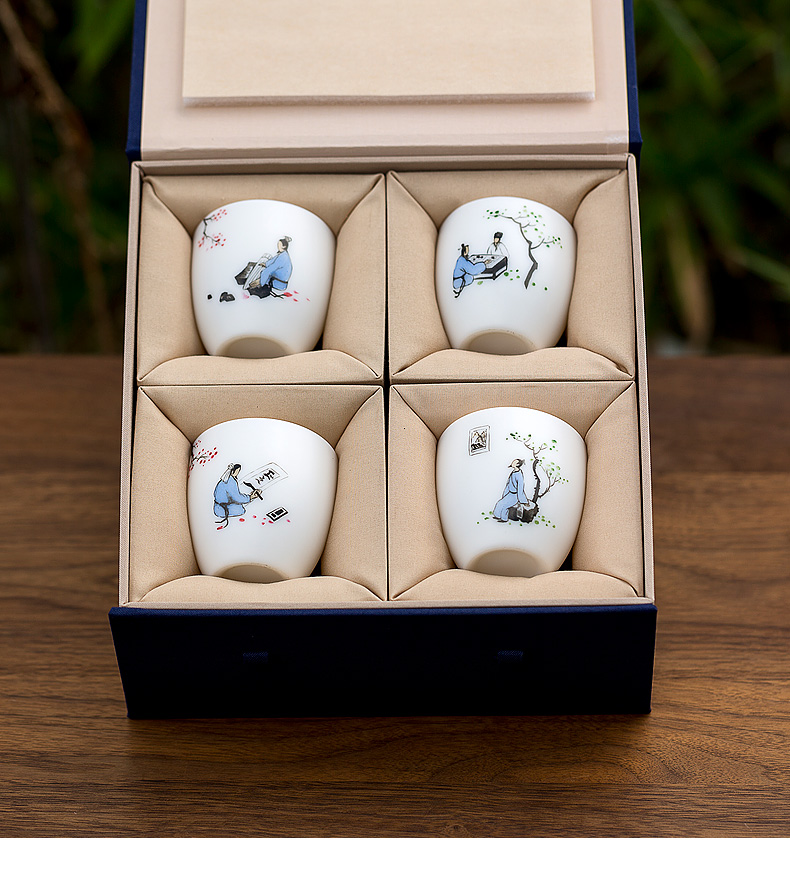 Tang shed hand - made unique American suet jade white porcelain kung fu tea sample tea cup four cups of tea set gift boxes by hand