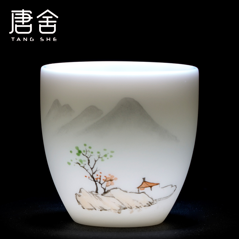 Tang s hand - made landscape suet jade white porcelain masters cup cup kung fu tea cup pure checking ceramic tea cup