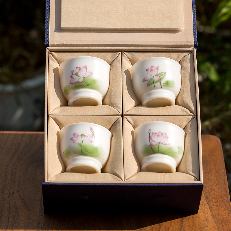 Tang dehua white porcelain shed suet jade hand draw lotus tea cup, bowl of household kung fu tea set personal sample tea cup