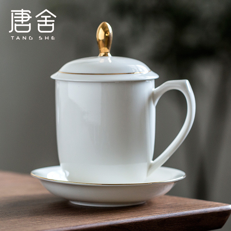 Tang's general cup of dehua porcelain ceramic cups office jade cup large household with cover white porcelain cup and meeting the boss