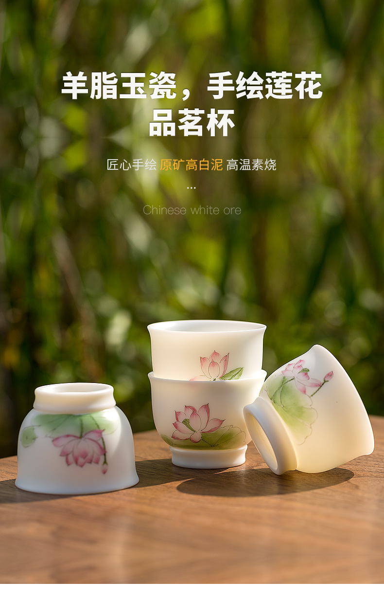 Tang dehua white porcelain shed suet jade hand draw lotus tea cup, bowl of household kung fu tea set personal sample tea cup