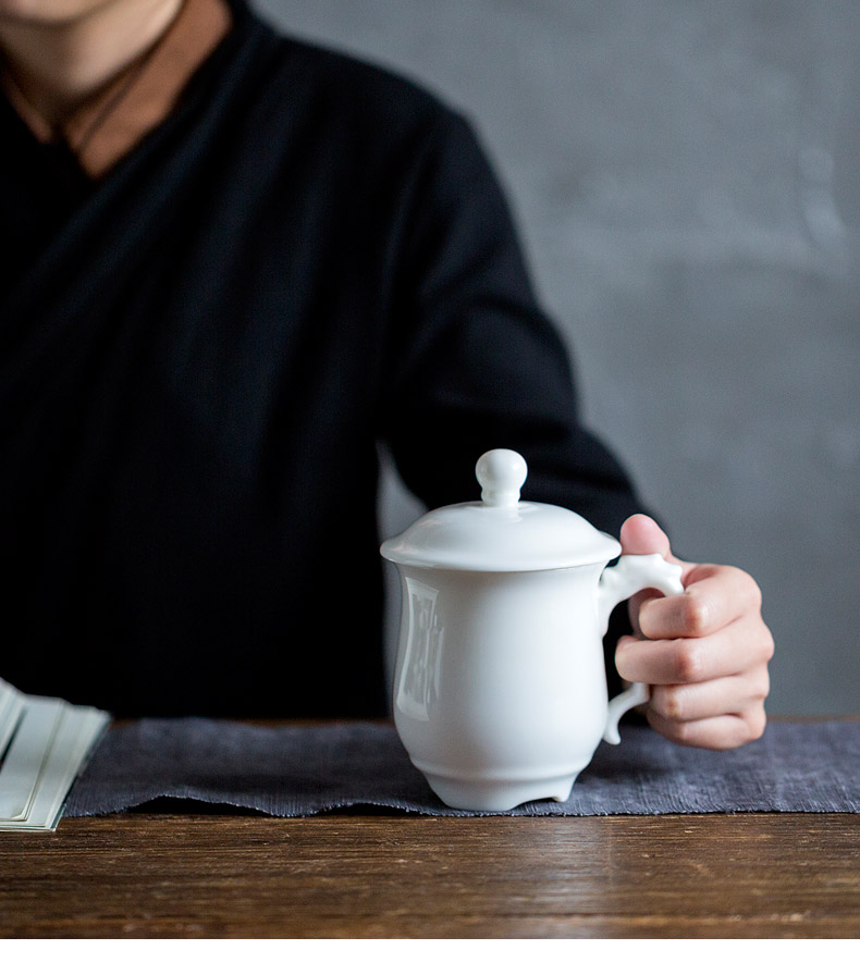 Don difference up Chinese longfeng dehua white porcelain ceramic cups with cover large cups with a cup of water glass office meeting